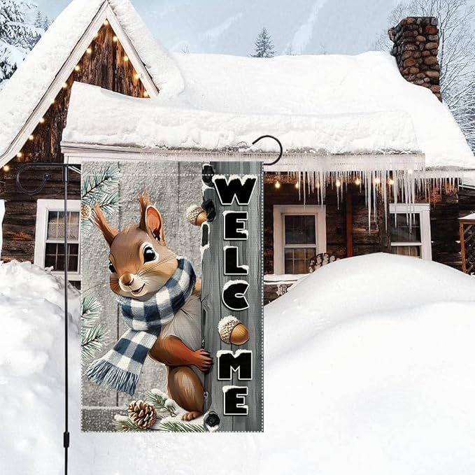 Welcome Garden Flag 12x18inch The Nut Squirrel Winter Garden Flags Yard Porch House Flag Double-Side For Home Outdoor Yard Patio Lawn Decor,Christmas Garden Decorations (RMQ-42, 12"X18")