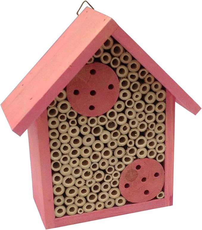 Cestari Mason Bee House Bamboo Tube Solitary Bee Hotel – 75 FSC‑Wood & Bamboo Tubes, 8 × 7.5 × 5 in, Rose Pink