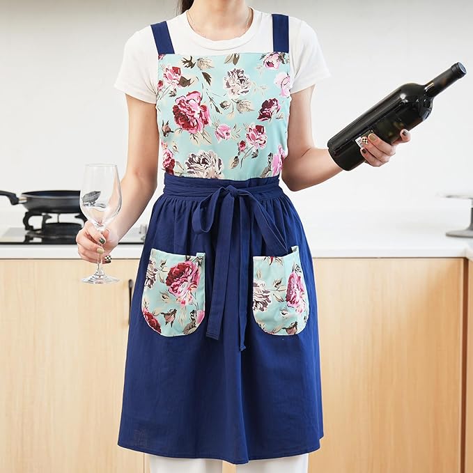 Vintage Pinafore Apron Dress for Women with Pockets Cute Floral Chef Aprons for Kitchen Cooking Baking Gardening