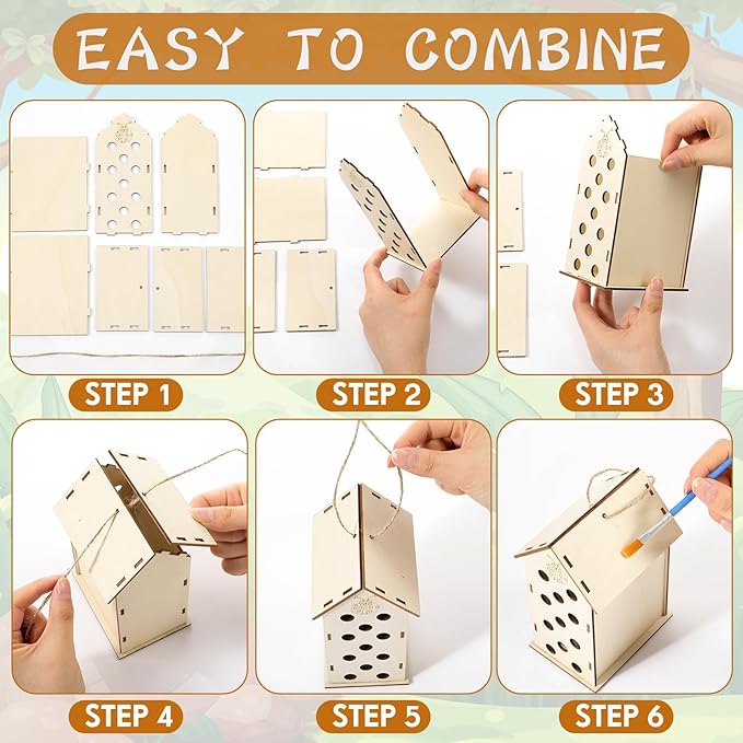DoubleFill 24 Pack Wood Ladybirds House Painting Crafts Kits My First Ladybugs House DIY Art Craft Kit with Hemp Rope DIY Cedar Wooden Birdhouse for Building Bee Butterfly Habitat, No Paint