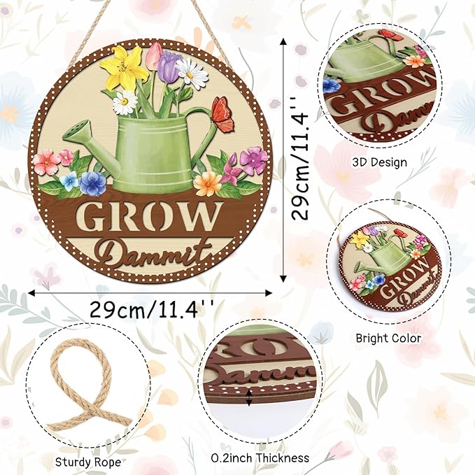 HOURIA 3D Grow Dammit Sign(11.4”x11.4”), Garden Wooden Decor,Funny Gardening Gifts for Women Men Gardeners