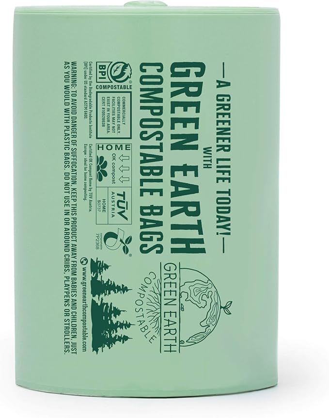 Green Earth Compostable Tall Kitchen Food Scrap Trash Bags, Compost Bin Compatible, 13 Gallon, 49 Liter, 200-Count, Superior Strength 0.9 Mil, ASTM D6400, BPI (US) & OK Compost Home (EU) Certified