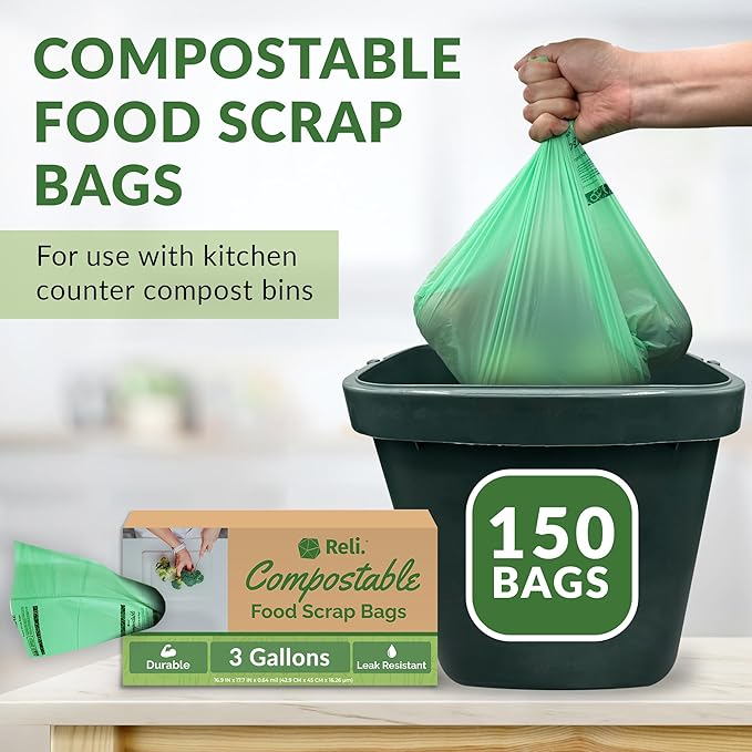 Reli. Compost Bags 3 Gallon (150 Count) | ASTM D6400 | Compostable Trash Bags for Food Scraps | Small Composting Liners for Kitchen Compost Bin/Countertop Bin | Green, Eco for Food Waste, 3 Gal