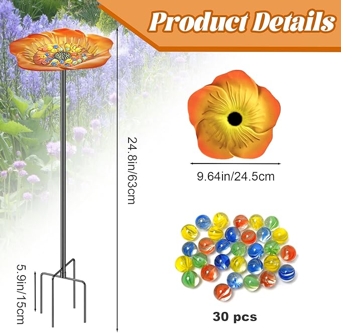 Bee Butterfly Watering Station, 4 Prongs Base Stake Butterfly Bee Feeder for Garden with Glass Marbles, Bee Bath with Vivid Flower Design for Garden Yard Patio Decor (Orang Yellow)
