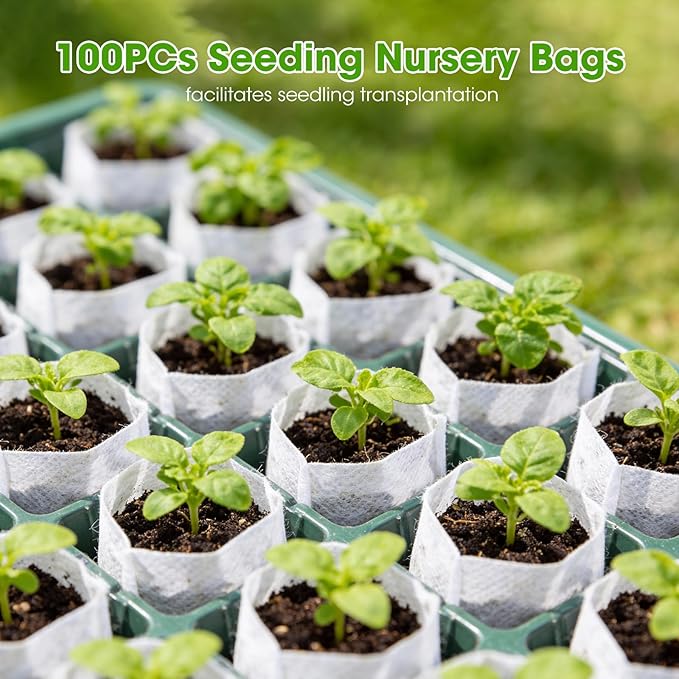 Seed Starter Tray with Grow Light, 2 Pack 80-Cell Seedling Starter Kit with Smart Timer & Humidity Dome, Indoor Plant Germination Kit with 100pcs Nursery Bags & 2-in-1 Sprinkler for Seed Starting