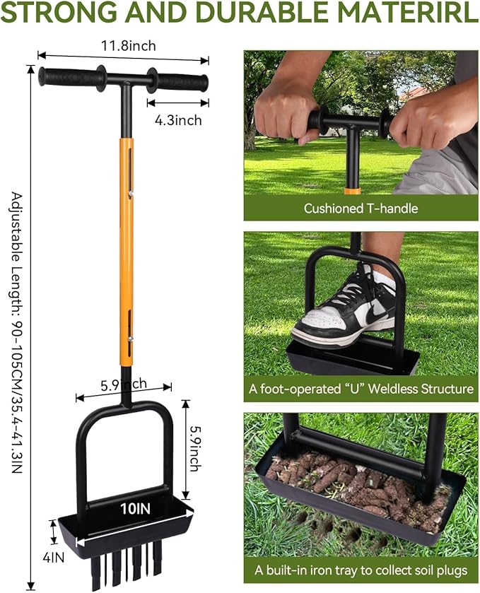2-in-1 Manual Lawn Aerator Tool with Soil Core Storage Tray - 41.3" Heavy Duty Carbon Steel Garden Core Aerator Lawn Tool- Multifunctional Spike & Plug Aerator for Compacted Soil(Black + Orange)