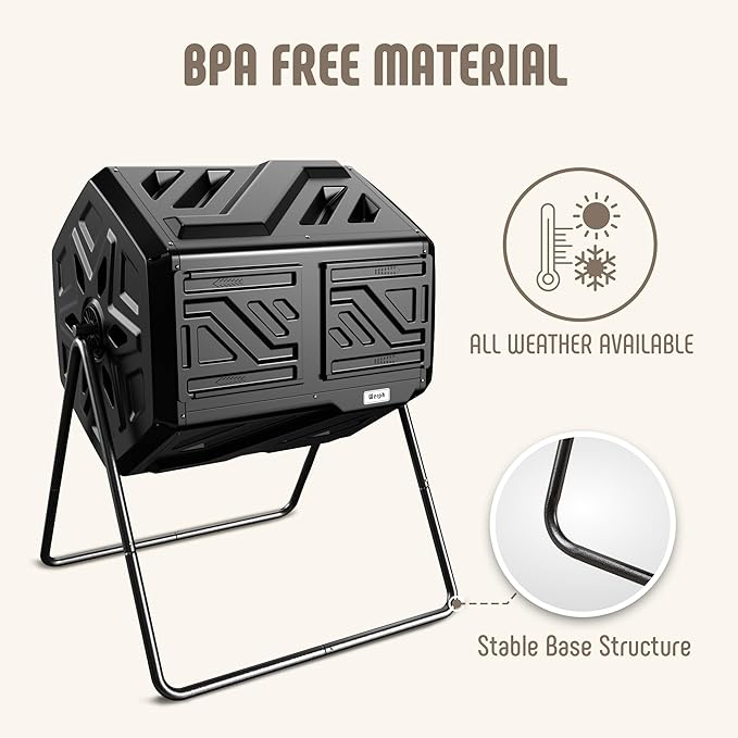 43 Gallon Compost Bin with Gloves, Fast Assembly & Easy Setup Outdoor Compost Tumbler, Updated Dual Chamber Tumbling Composter for Garden, Kitchen, and Yard Waste, Black