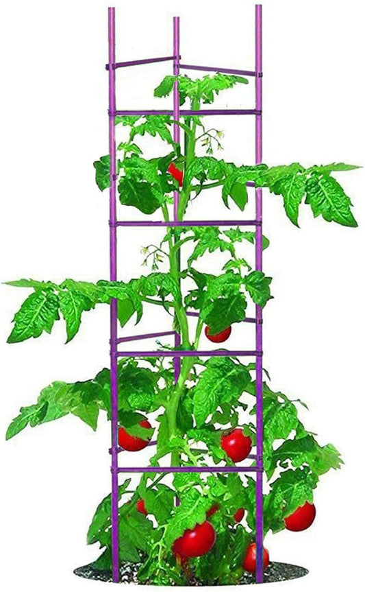 NO Splicing - 5ft Tall Tomato Cage 6-Pack Large Tomato Stakes Garden Plant Stakes Climbing Suports, 40 Clips and Plant Ties Include, Purple