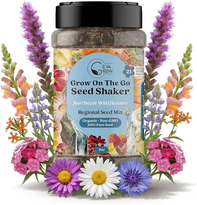 on the Go Regional Wildflower Seed Shaker - Northeast USA Wildflowers - 100% Pure Seed - Organic, Non-GMO - 21 Wildflower Variety Seeds of Annual & Perennial, 2oz