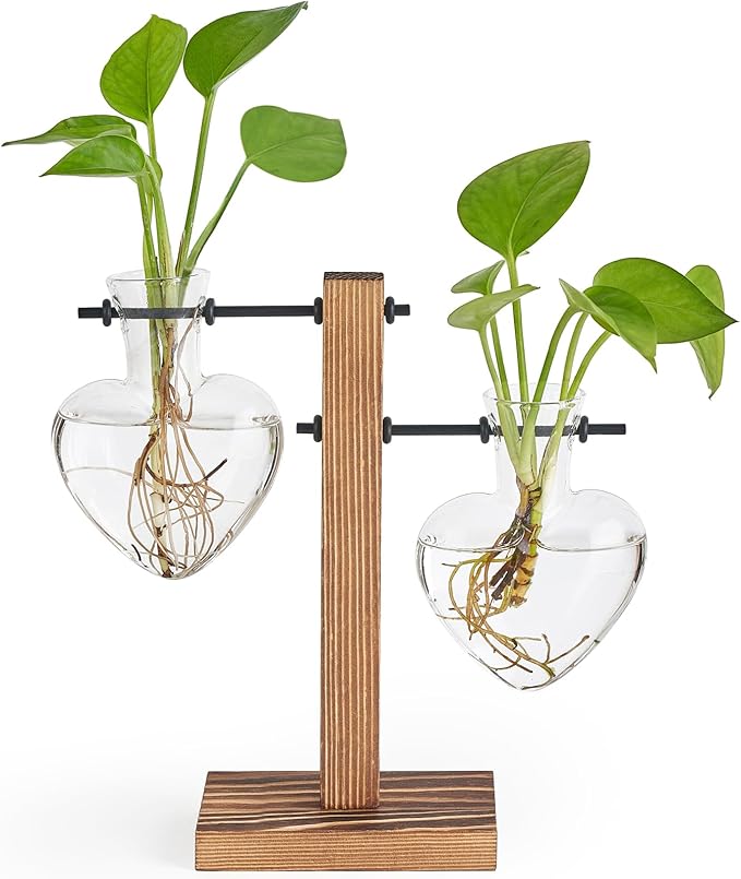 Mkono Heart Shaped Propagation Station with Wood Stand, Glass Hydroponic Planter Desktop Plant Terrarium for Home Office Decor, Gifts for Plant Lovers - 2 Love Bulb Pot Vase
