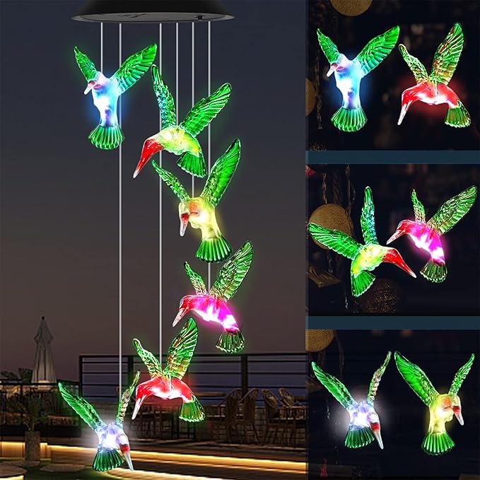 Wind Chime, Hummingbird Solar Wind Chimes Outdoor Color Changing, 25 Inch Memorial Wind Chimes Hummingbird Gifts for mom, Birthday Gift for Women, mom's Best Gifts, Garden Patio Decor