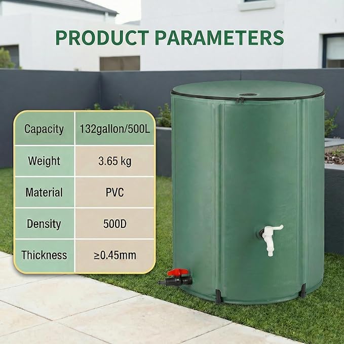 132Gallon/500L Collapsible Rain Barrel, Foldable PVC Rain Barrels with Spigots, Top Mesh Overflow Valve, Suitable for Collect Rainwater from Gutter for Garden Lawn, Cleaning Floors