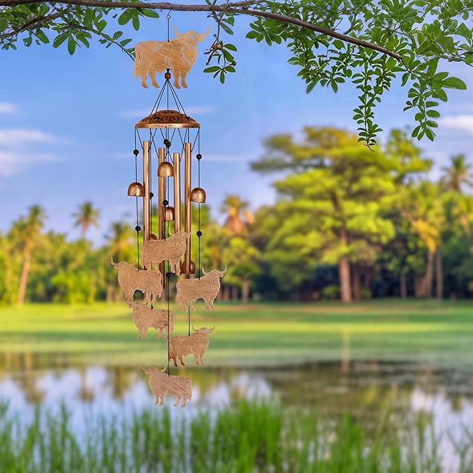 Highland Cow Wind Chimes for Outside, Metal Windchimes Outdoors, Highland Cow Gifts for Women/Men, Memorial/Birthday Gifts, Garden Decor for Outside, Patio or Yard, Durable Chimes for Outdoors