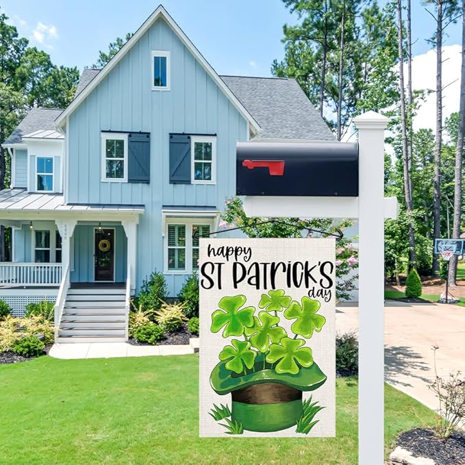 Happy St Patricks Day Burlap Garden Flags 12x18 Inch Double Sided, Green Lucky Shamrock Sign Small Farmhouse Yard Outdoor Decor DF192