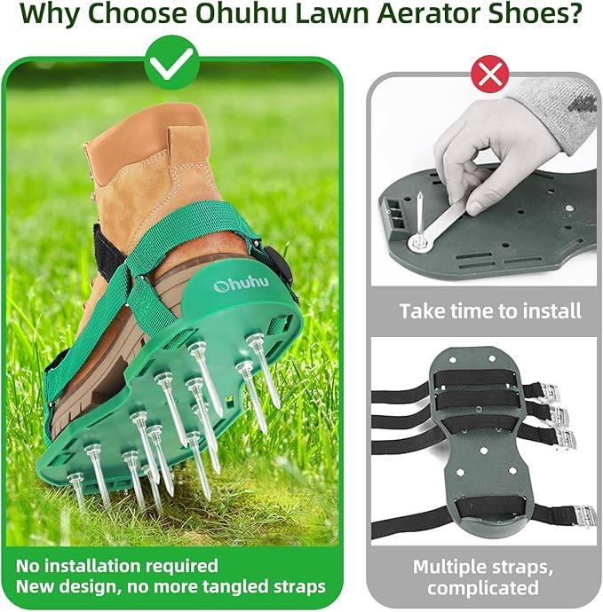 Ohuhu Lawn Aerator Shoes for Grass: Free-Installation Aeration Shoes with Stainless Steel Shovel, Heavy Duty Spike Aerating Sandals Lawn Tool for Yard Patio Garden