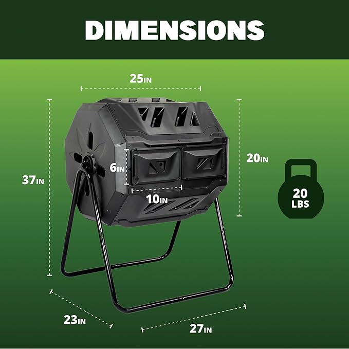Simply Bio 43-Gallon Outdoor Compost Tumbler Bin – BPA-Free Rotating Compost Bin for Garden, Kitchen and Yard Waste, Outdoor Compost Bin Tumbler, Dual Chamber, Black, Weather-Resistant