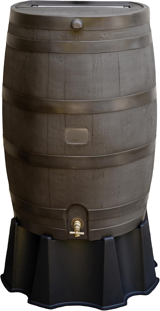RTS Home Accents 50-Gallon Rain Barrel, Flat Back Rain Water Collection Barrel, Stand Included, Walnut Color