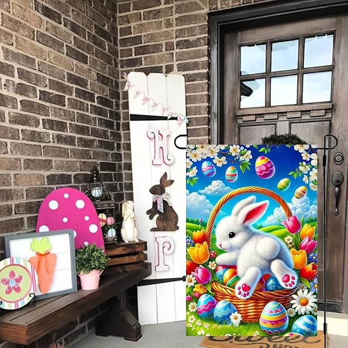 Happy Easter Egg Bunny Garden Flag 12 x 18 inch Double Sided Outside decorations,Spring Flower Small Garden Flags For Outdoor Yard Lawn