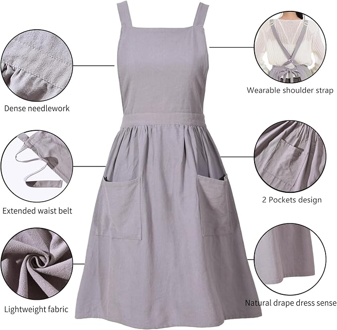 Cotton Linen Pinafore Apron Dress for Women with Pockets Cute Art Chef Aprons for Kitchen Baking Gardening Painting