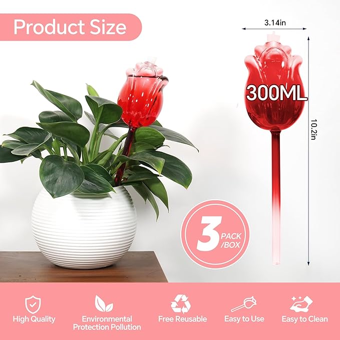 Large Plant Watering Globes Set of 3-10 oz Indoor/Outdoor Large Self Watering Globes Planter Insert, for Mother/Father/Friend/Plant Enthusiasts (Red Rose)