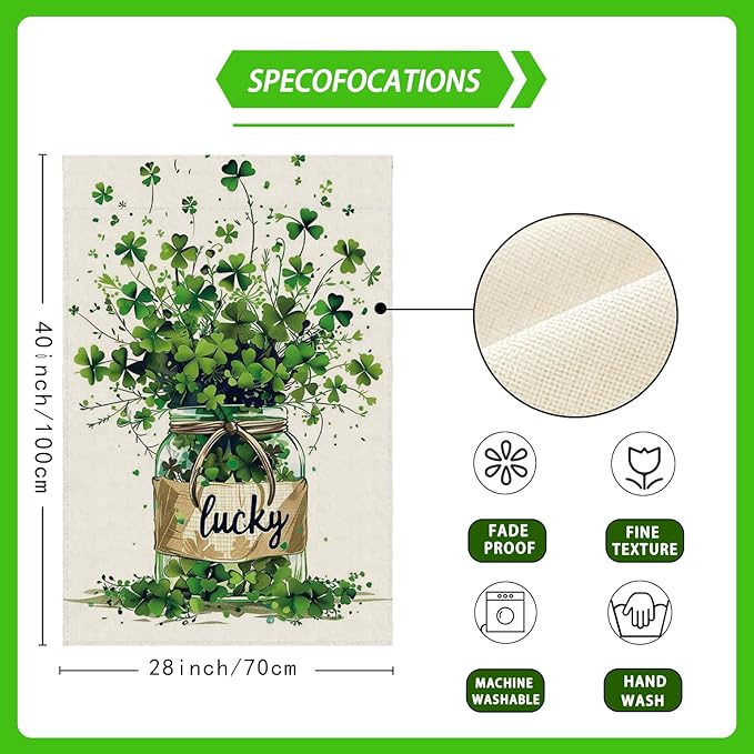 Lucky St. Patrick's Day Green Shamrocks Four-leaf Clovers Glass Bottle House Flag Large Burlap 28X40 Inch Vertical Double Sided Outside Yard Holiday Outdoor Farmhouse Decoration