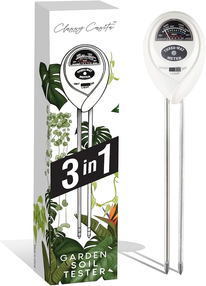 Classy Casita 3-in-1 Soil Moisture, Light, pH Meter - Hygrometer Tester for Indoor and Outdoor Plants - Monitor Levels for Garden, Farm, Lawn, houseplants, Potted Care - No Batteries Required - White