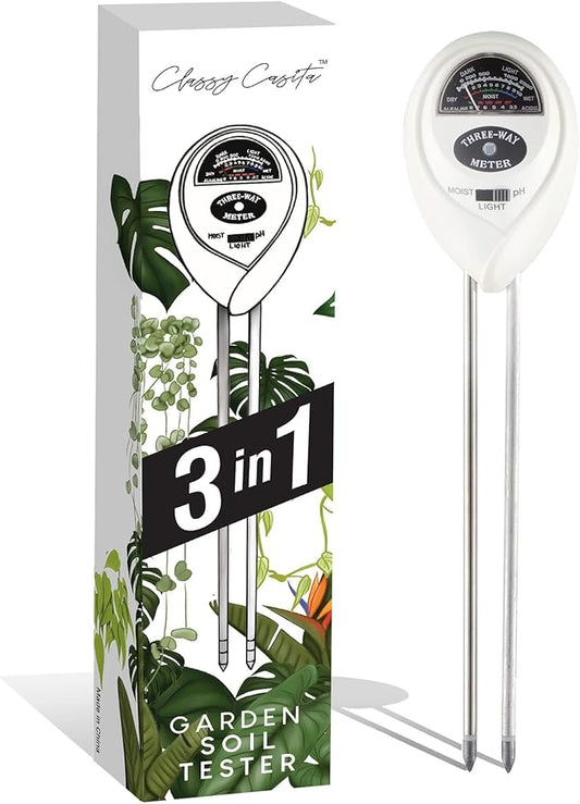 Classy Casita 3-in-1 Soil Moisture, Light, pH Meter - Hygrometer Tester for Indoor and Outdoor Plants - Monitor Levels for Garden, Farm, Lawn, houseplants, Potted Care - No Batteries Required - White