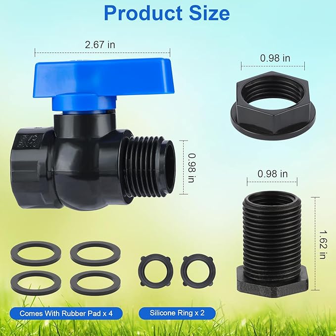 PVC Rain Barrel Spigot Kit 3/4 ", Garden Hose Shut Off Valve with Bulkhead Fitting, Rain Barrel Diverter Kit for Water Tanks, Aquariums, Garden Barrel 2 Pack
