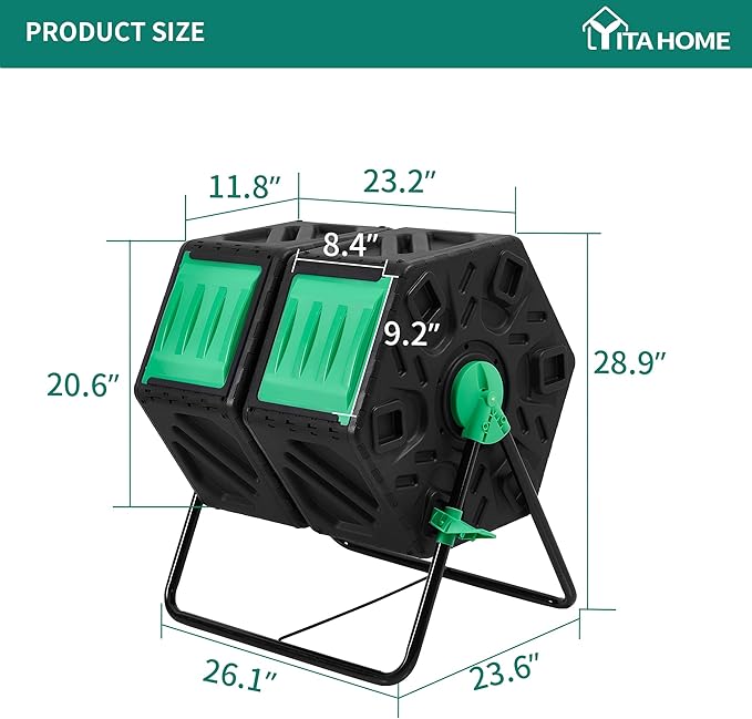 YITAHOME Large Outdoor Dual Chamber Compost Bin, 37 Gallon Rotating Composter Tumbling with 2 Sliding Doors and Aeration System, Garden Compost Tumbler (2x18.5 Gallon,Green)