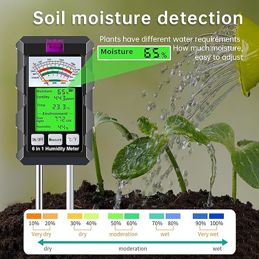 6-in-1 Soil Moisture Meter, Hygrometer for Plants with Soil Moisture, PH Meter, Temperature, Sunlight, Fertility, Environmental for Farming, Gardening (2*AAA Battery Needed)