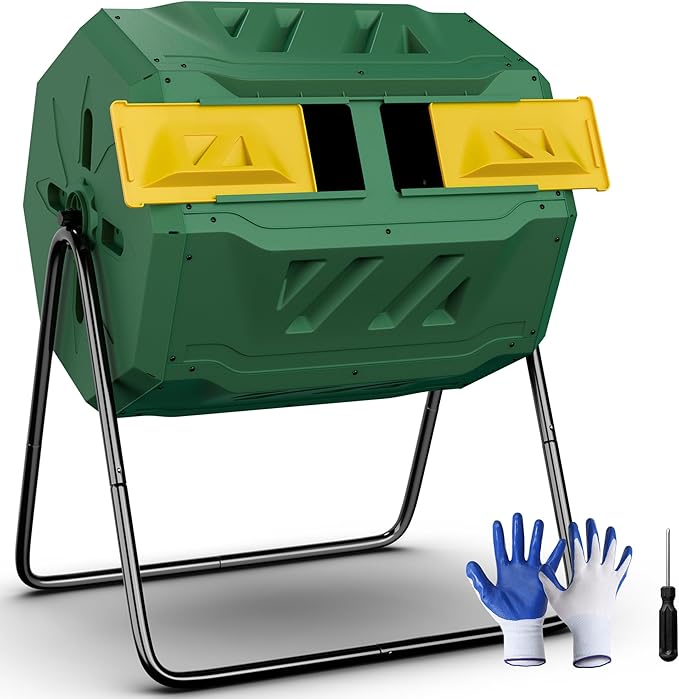 SUPER DEAL Outdoor Composter Bin, 43 Gallon Dual Chamber Composter Tumbler 360° Rotating BPA Free with Sliding Doors Heavy Duty Steel Frame for Garden Yard Kitchen Waste, Green