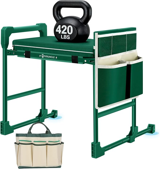 Garden Kneeler and Seat for Seniors: Heavy Duty 420 LBS Support Anti-Tip Multifunctional Gardening Stool Bench with Widened Thick Soft Kneeling Pad &Tool Bag - Foldable for Gardeners