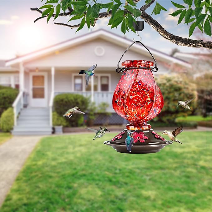 BOLITE Hummingbird Feeder, Hand Blown Glass Hummingbird Feeders for Outdoors Hanging, with Ant Moat and 5 Feeding Ports, 22 Ounces, Red, Birthday Gifts for Women Men, Gifts for Mom Dad