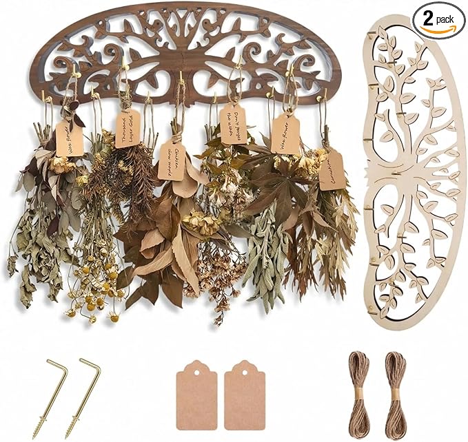 Herb Drying Rack Hanging 2 Pack, Wall Mounted Wooden Flower Drying Rack and Wall Decor for Kitchen Witch, Rustic Apothecary Supplies, Over The Garden Wall Style