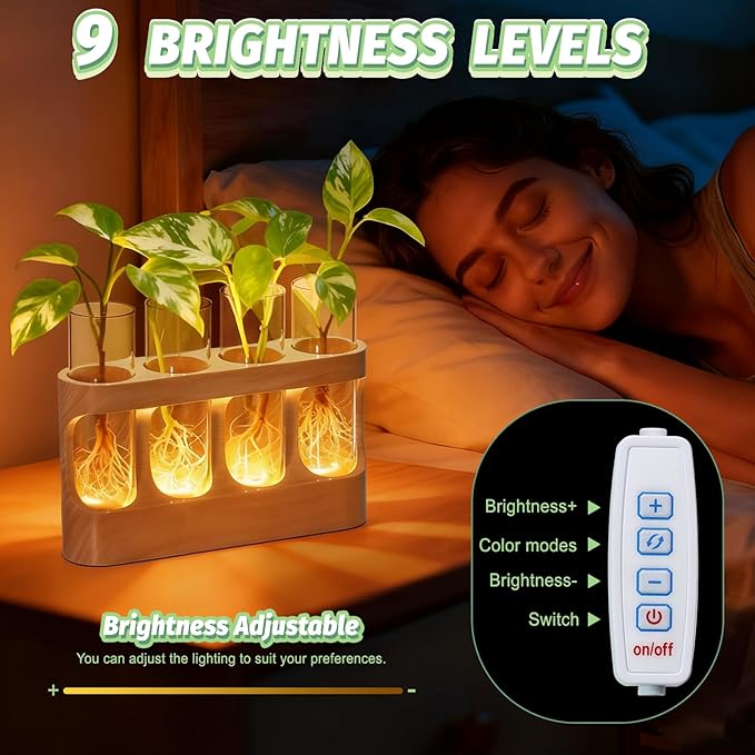Plant Propagation Station with Wood Stand, Glass Terrarium for Hydroponics Live Plants Christmas Gifts Gardening Gifts for Women Mom 3 Lighting Modes 9 Brightness Levels Home Indoor Decor Unique