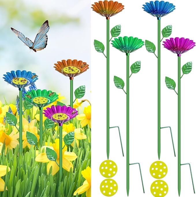 4 Pack Bee Watering Station for Garden with Floating Flowers Butterfly Bee Feeder for Outside Outdoors Metal Bee Water Bath Station Stakes Walkways for Bees Garden Thirsty Pollinators