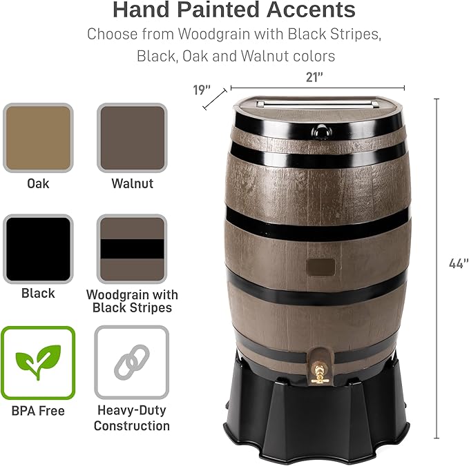 RTS Home Accents 50-Gallon Rain Barrel, Flat Back Rain Water Collection Barrel, Stand Included, Woodgrain with Black Stripes