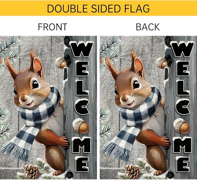 Welcome Garden Flag 12x18inch The Nut Squirrel Winter Garden Flags Yard Porch House Flag Double-Side For Home Outdoor Yard Patio Lawn Decor,Christmas Garden Decorations (RMQ-42, 12"X18")