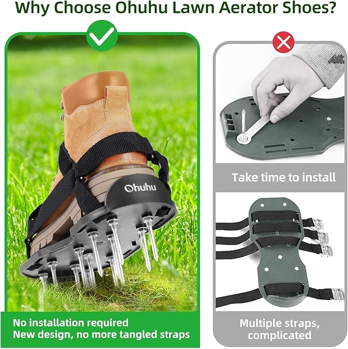 Ohuhu Lawn Aerator Shoes with Stainless Steel Shovel, Free-Installation Aerating Shoe with Hook&Loop Straps, Heavy Duty One-Size-Fits-All Spiked Aerating Sandals for Garden Grass