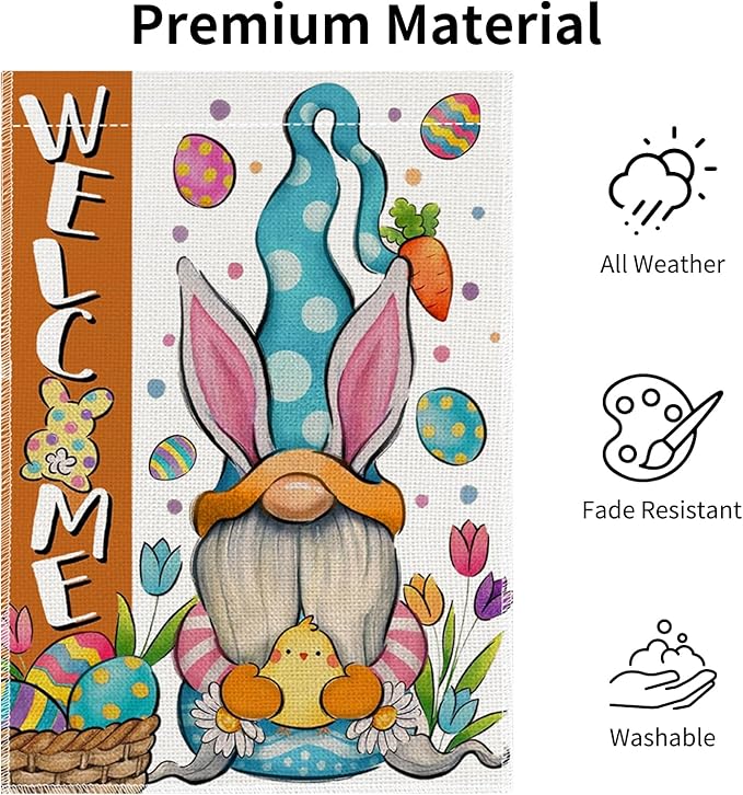 12x18 Inch Easter Garden Flag Double Sided, Bunny Gnomes Yard Flag for Outdoor Decoration