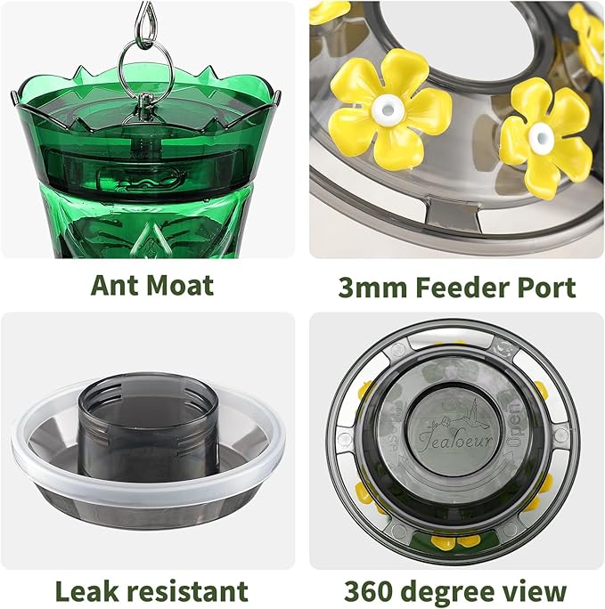Hummingbird Feeder for Outdoors Hanging, 18 OZ Humming Birds Feeders with 6 Bee Guard Feeding Ports & Built-in Ant Moat, Easy to Clean, Durable Outdoor Garden Decor (Green 1 Pack)