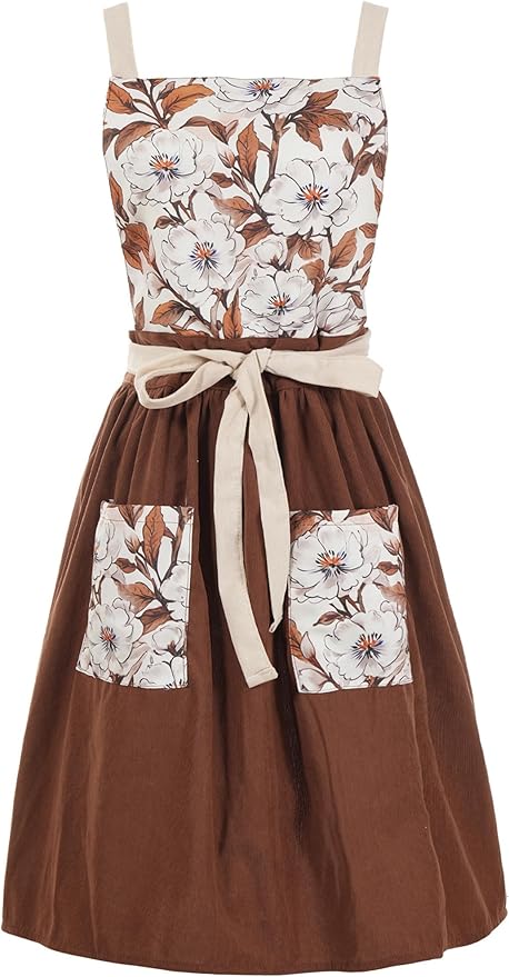 Vintage Pinafore Apron Dress for Women with Pockets Cute Floral Chef Aprons for Kitchen Cooking Baking Gardening