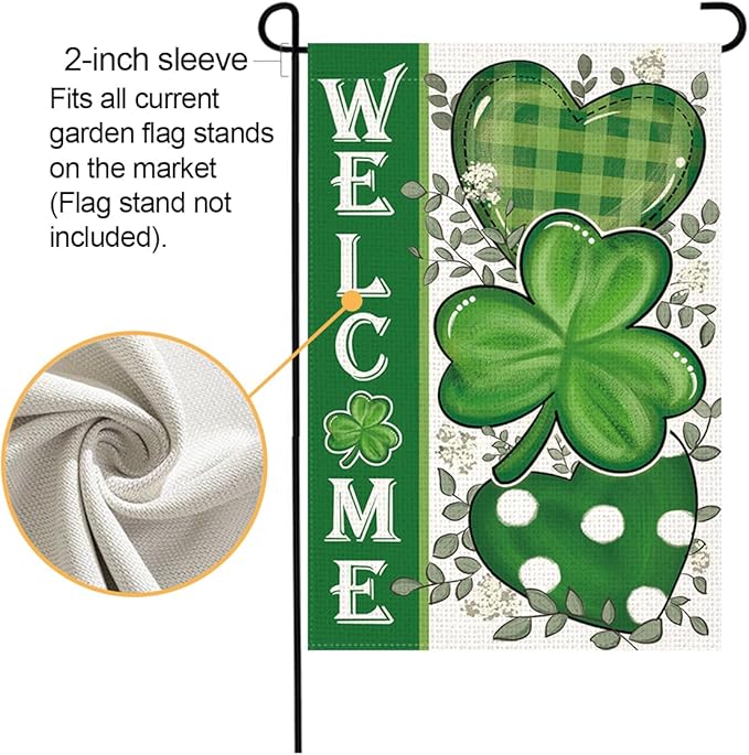 LosFong Welcome St Patricks Day Garden Flag 12x18 Inch Double Sided Lucky Clovers Shamrocks Small Yard Flag for Outside Decoration