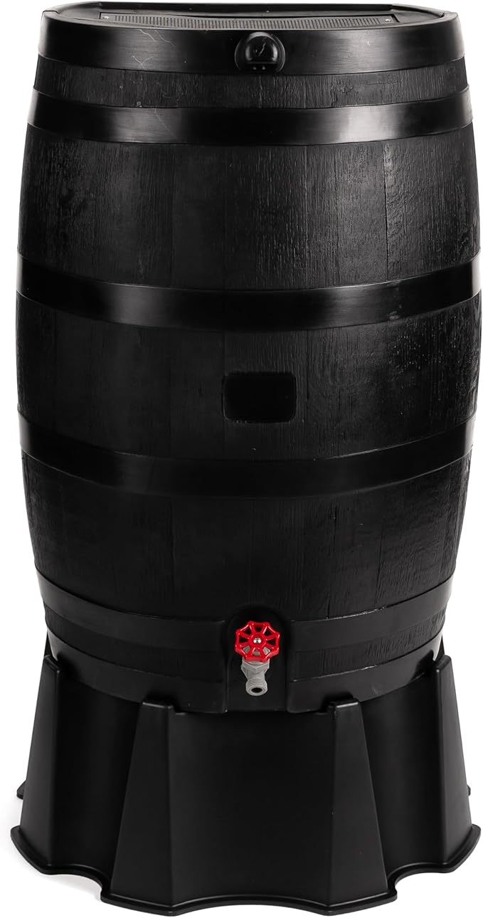 RTS Home Accents 50-Gallon ECO Rain Barrel Made with 100% Recycled Plastic, Flat Back Rain Water Collection Barrel, Stand Included, Black