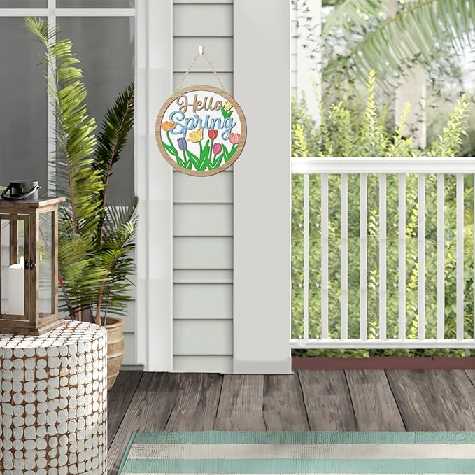 HOURIA 3D Bright Hello Spring Front Door Decor,11.4”Inches Colorful Tulip Flower Wood Hanging Sign for Wreath,Rustic Farmhouse Spring Floral Welcome Decorations for Indoor Outdoor Home Porch Office