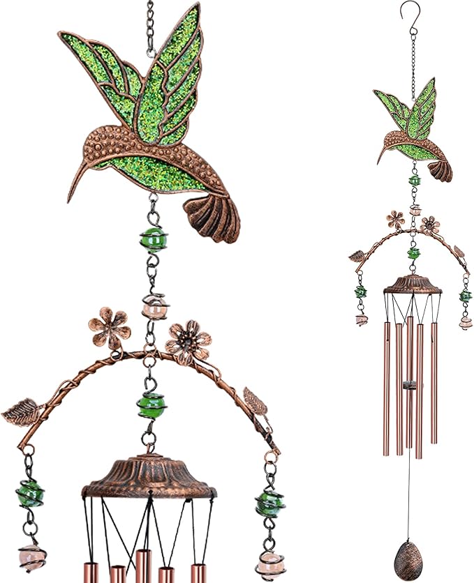 Wind Chimes - Green Hummingbird Wind Chimes for Outside Deep Tone 34 inches 5 Aluminum Tubes, Birthday, Memorial, Hummingbird Gifts for Mom, Grandma, Decorations for Home, Garden, Patio, Backyard