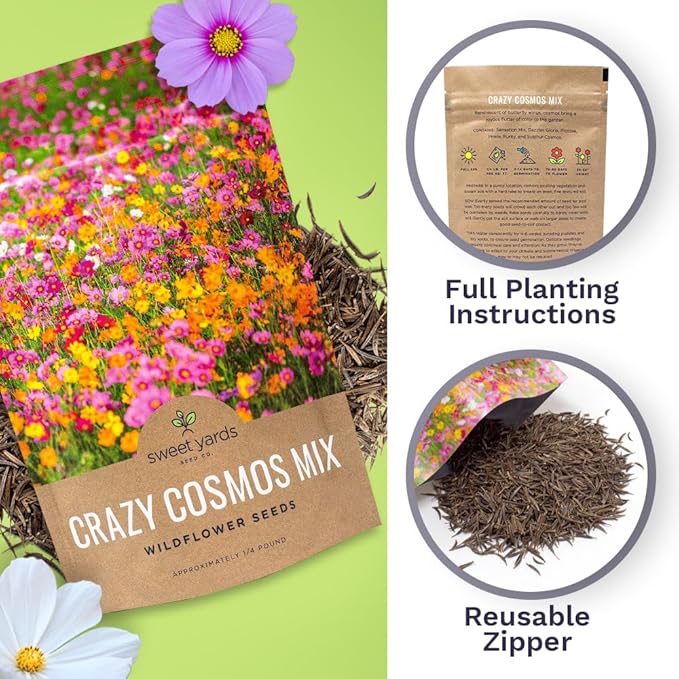 Cosmos Seeds Wildflower Mixture - Bulk Quarter Pound Bag - Over 20,000 Seeds - Pink, Yellow, Orange, Red, Purple and White Mixed Species!