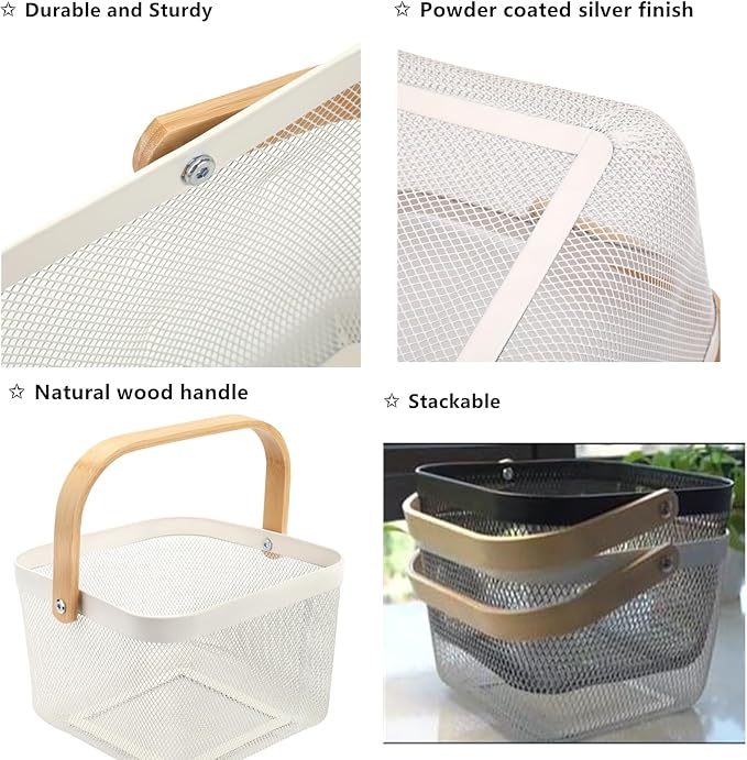 Yopay Mesh Steel Fruit Basket Bin with Wood Handle, White Hanging Storage Organizer, Farmhouse Harvest Gardening Basket for Cabinets, Cupboards, Shelves, Bathroom, Picnic, Shopping
