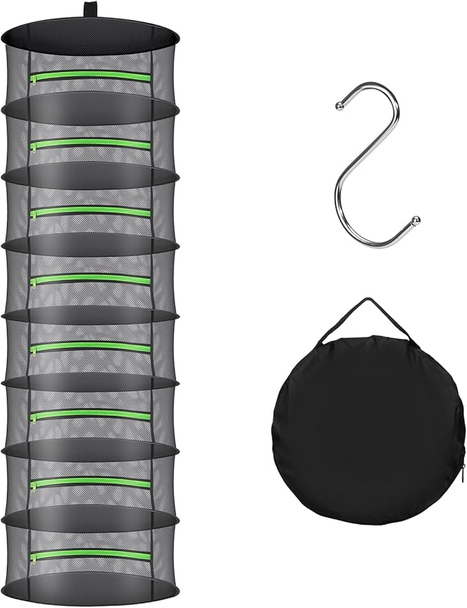 Herb Drying Rack with Mesh Design - Hanging Herb Dryer with Green Zipper for Garden, Home, Indoor or Outdoor Use (8layer)