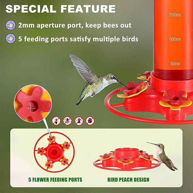 Hummingbird Feeders for Outdoors Hanging (2 Pack), 5 Feeding Ports 12 oz Plastic Hummingbird Feeder, Bee-Proof Leak-Proof No Drip, Easy to Clean with Cleaning Brush